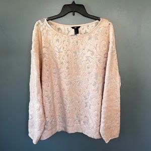 Brand H&M, size large, long sleeve sweater, pink, paisley print with sheer space